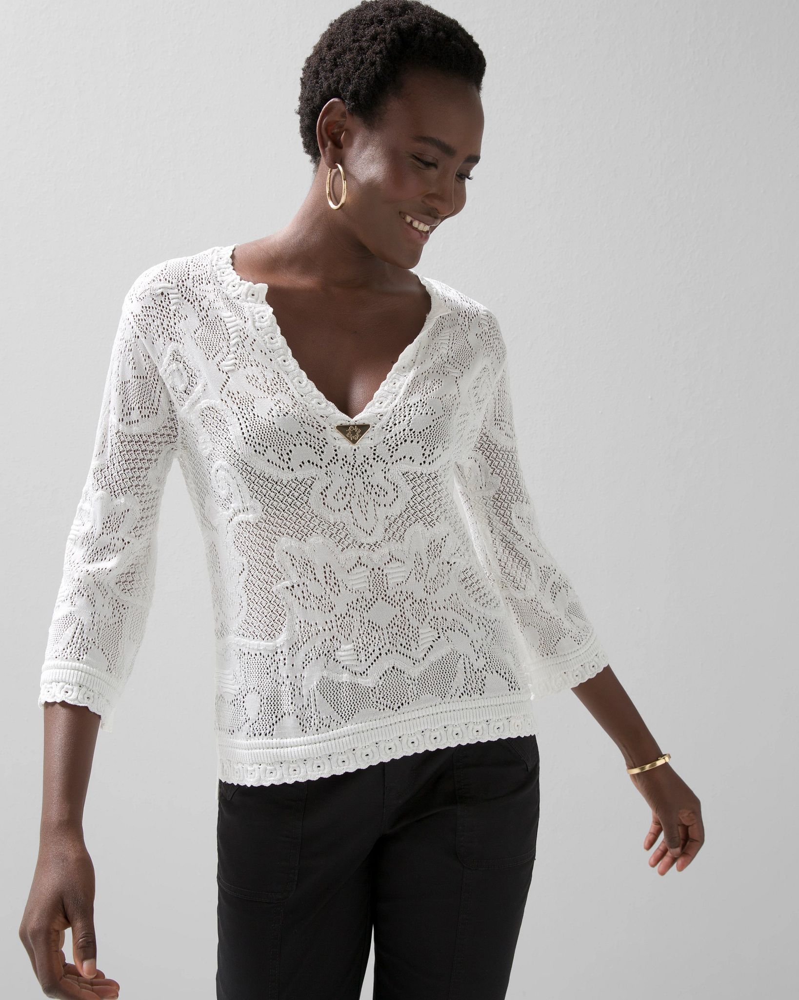 Pointelle Stitch 3 4 Sleeve Sweater